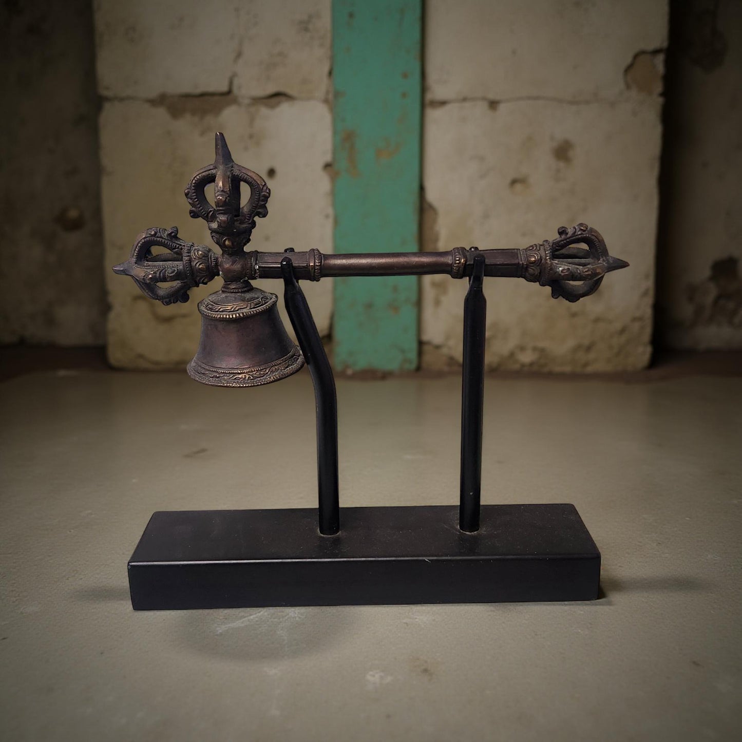 Antique Asian Bronze Tibetan Ceremonial Vajra Bell with Stand (Drilbu & Dorje)