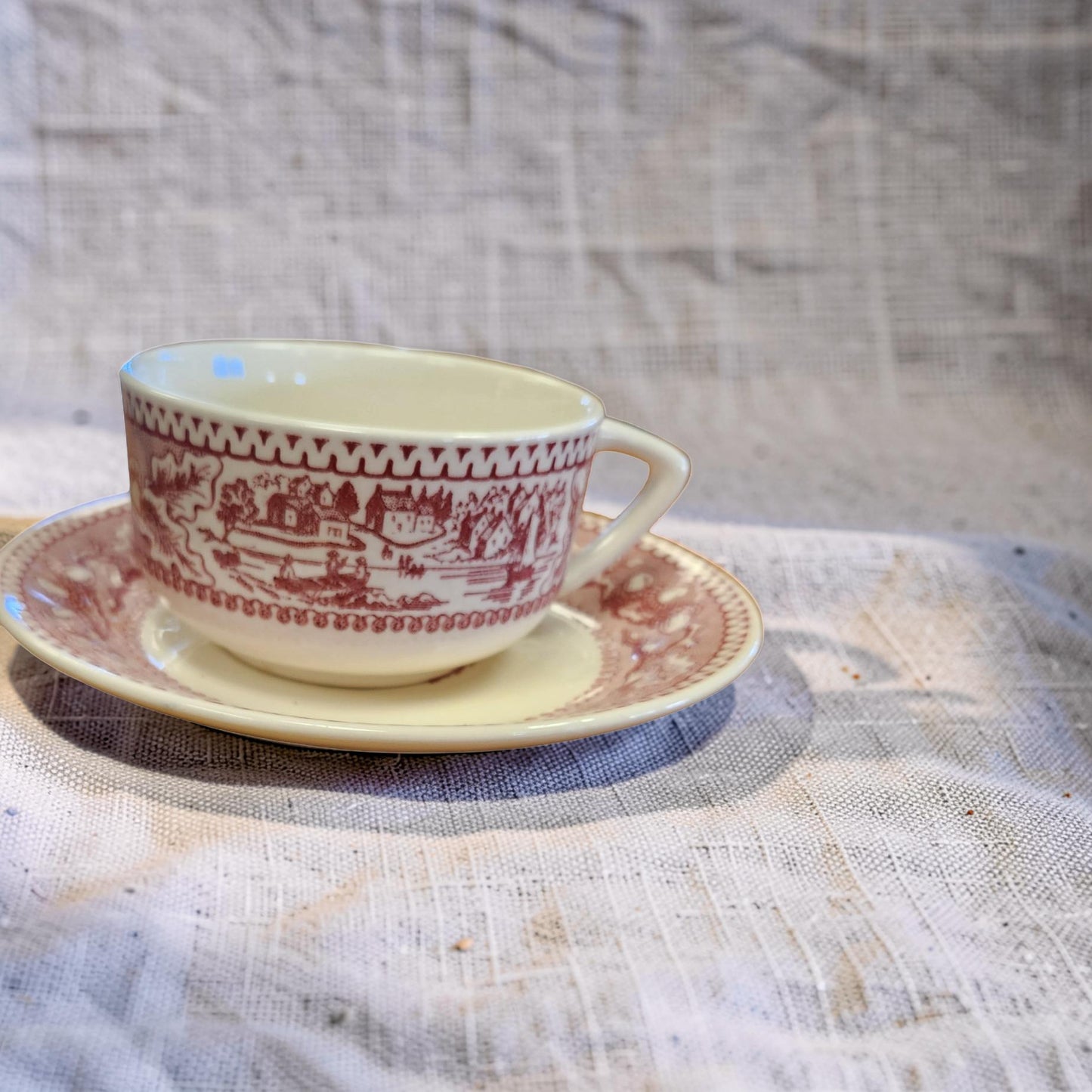 Vintage Royal Ironstone “Memory Lane” Red Teacup and Saucers Set