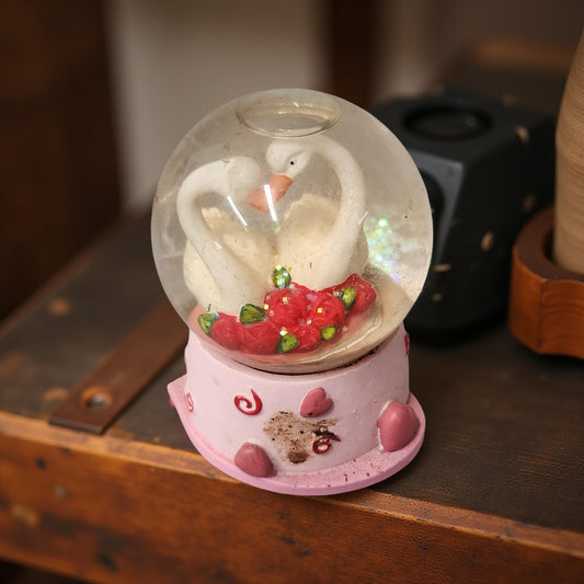 Swan-Themed Snow Globe with Red Roses & Pink Hearts