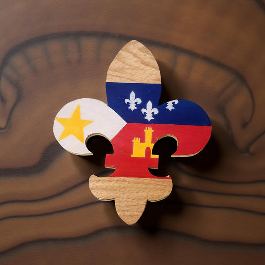 Hand-Painted Fleur de Lis Wall Plaque with Louisiana Scenery Featuring Pelican