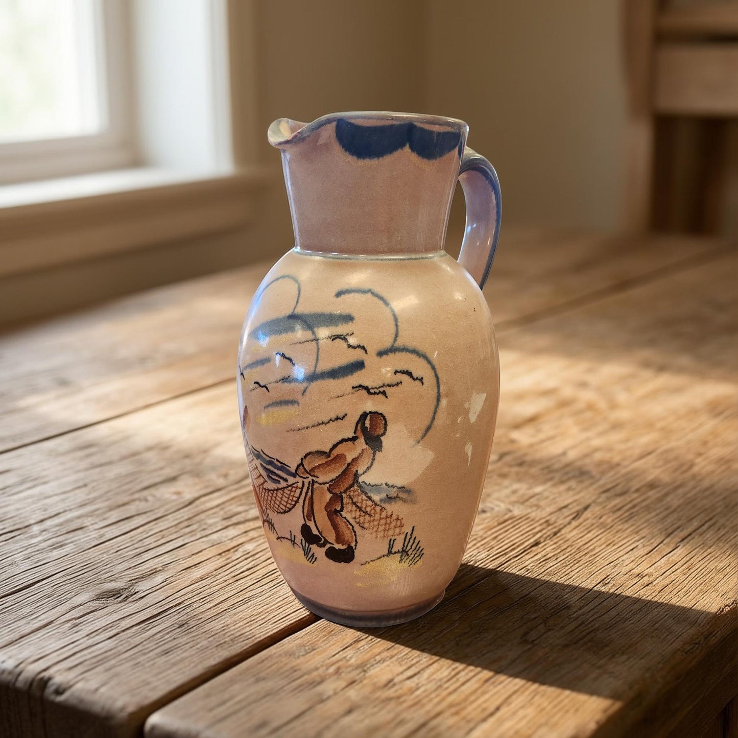 Vintage Norwegian Stoneware Jug – Hand‑Painted Fisherman &amp; Nets