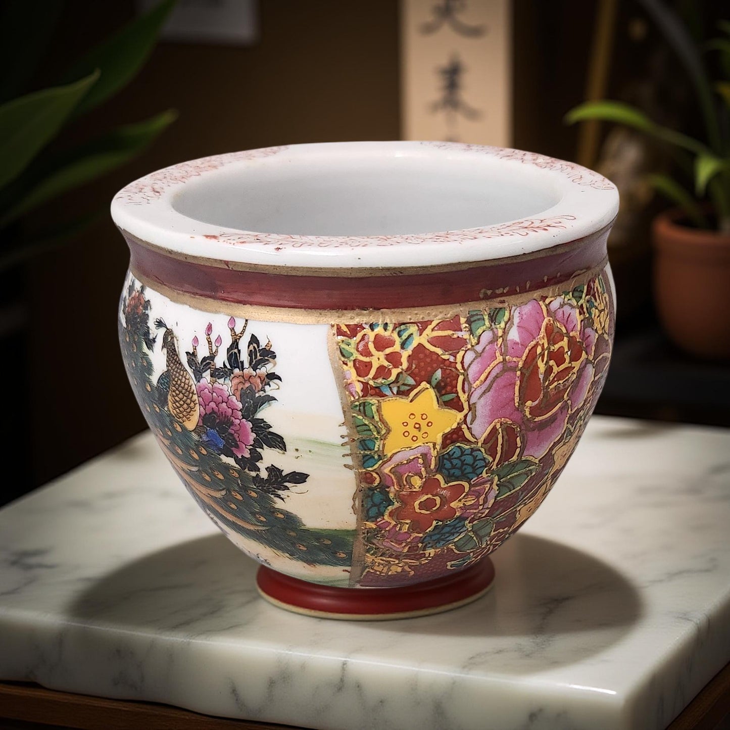 Japanese Fishbowl Peacock & Floral Porcelain Planter