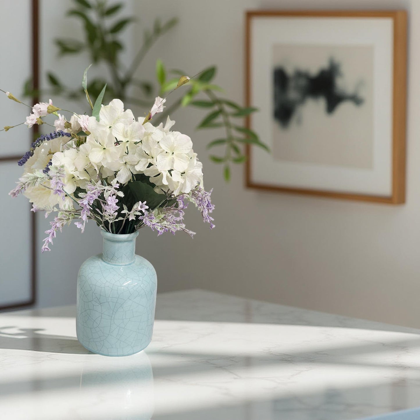 Hydrangea and Lilac Floral Wall Art on Blue Vase