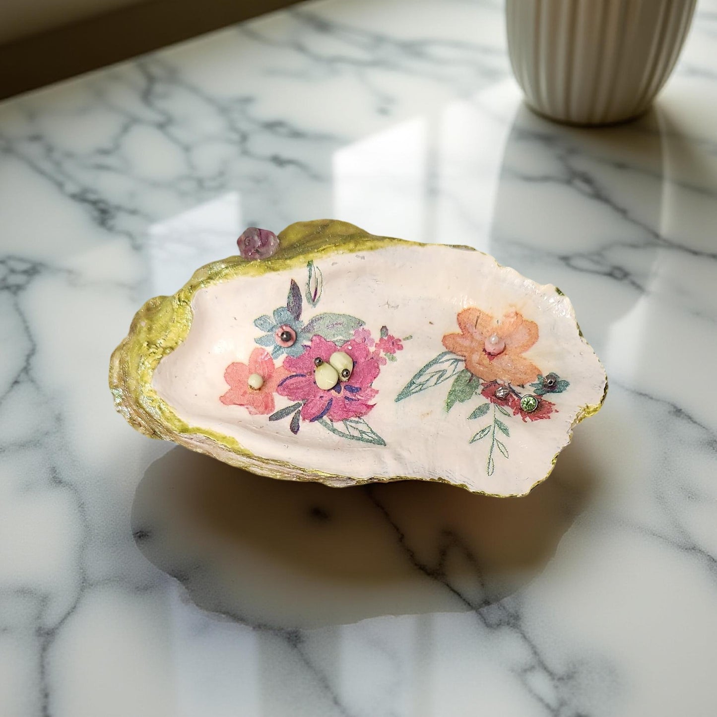 Floral Decorated Oyster Shells - Hand-Crafted