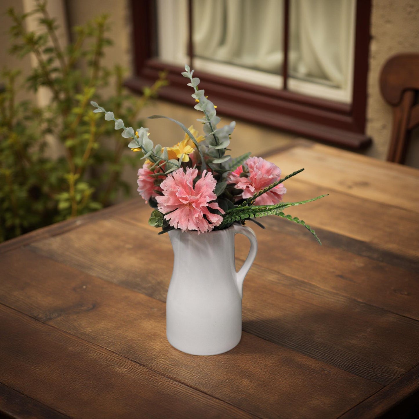 Vintage Style Milk Jug Vase with Colorful Spring Blooms
