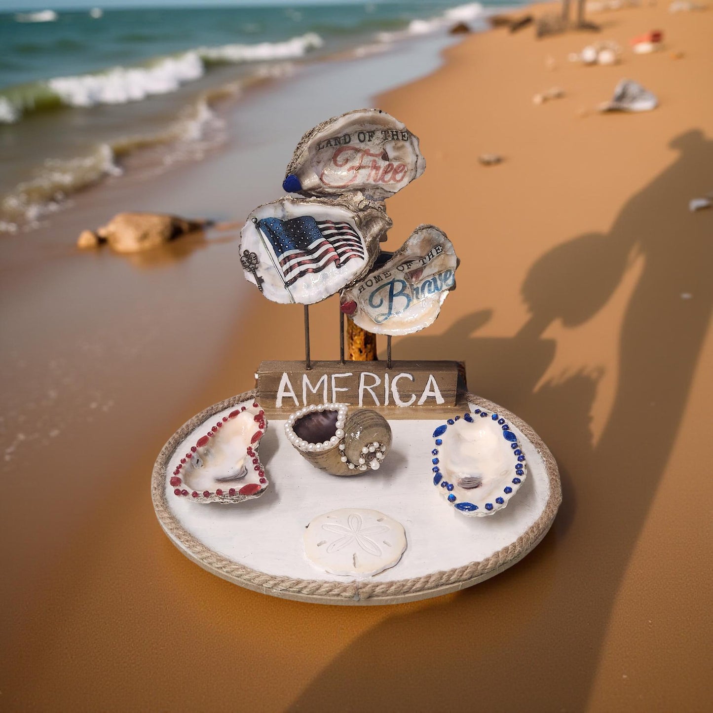 Patriotic Oyster Shell Hand-Crafted Display - Stars and Shells