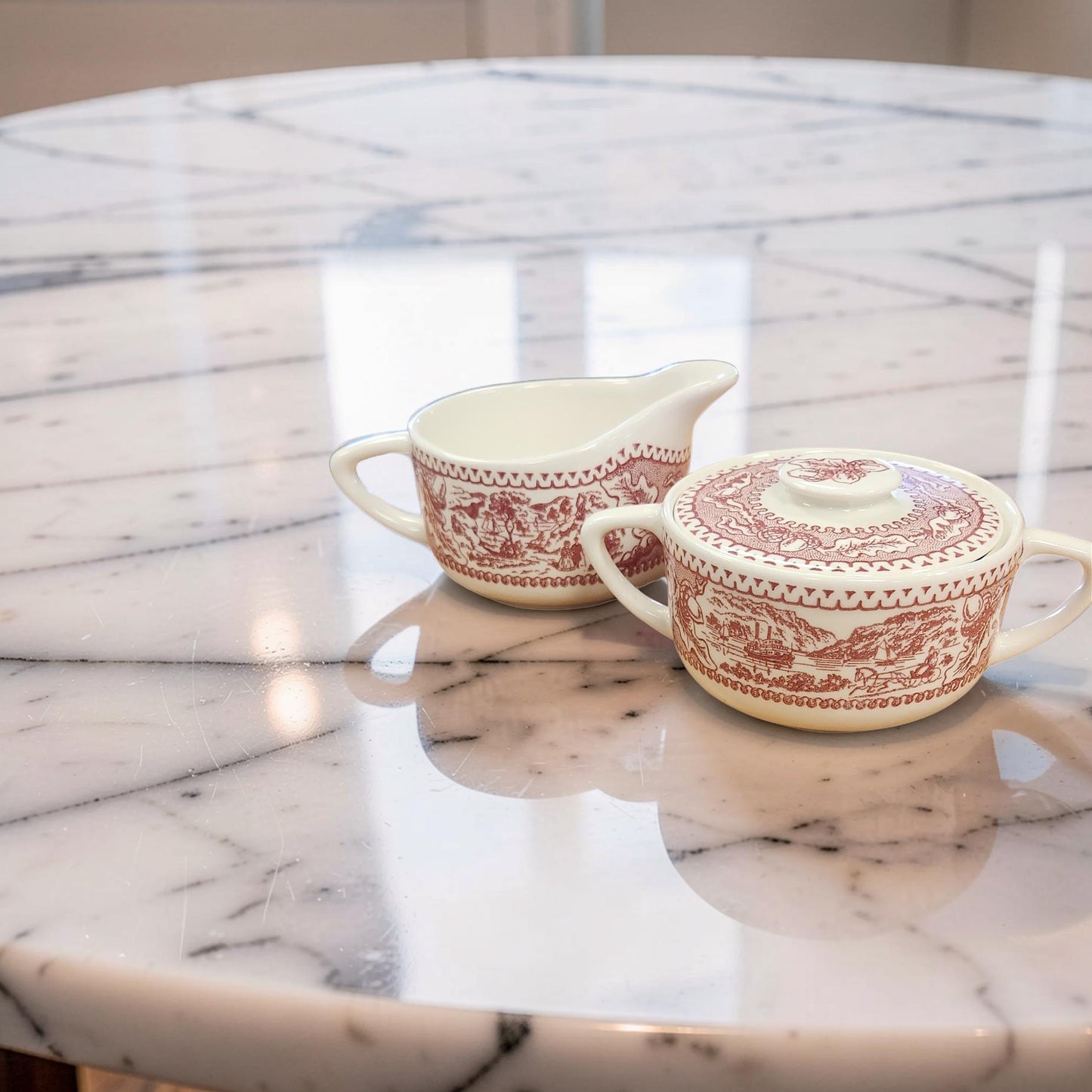 Vintage Royal Ironstone "Memory Lane" Red Sugar & Creamer