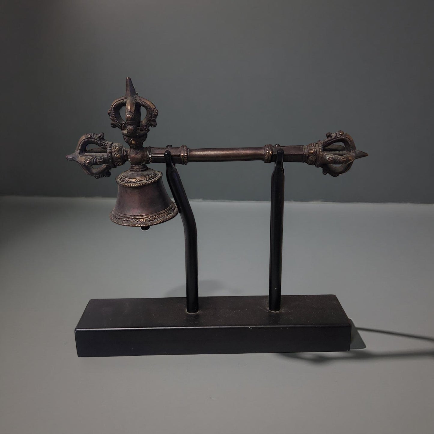 Antique Asian Bronze Tibetan Ceremonial Vajra Bell with Stand (Drilbu & Dorje)