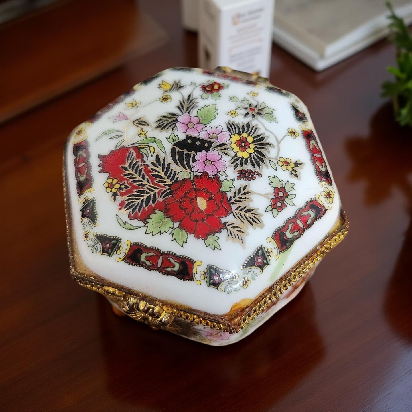 Vintage Multicolor Limoges Style Hand‑Painted Oriental Trinket Box
