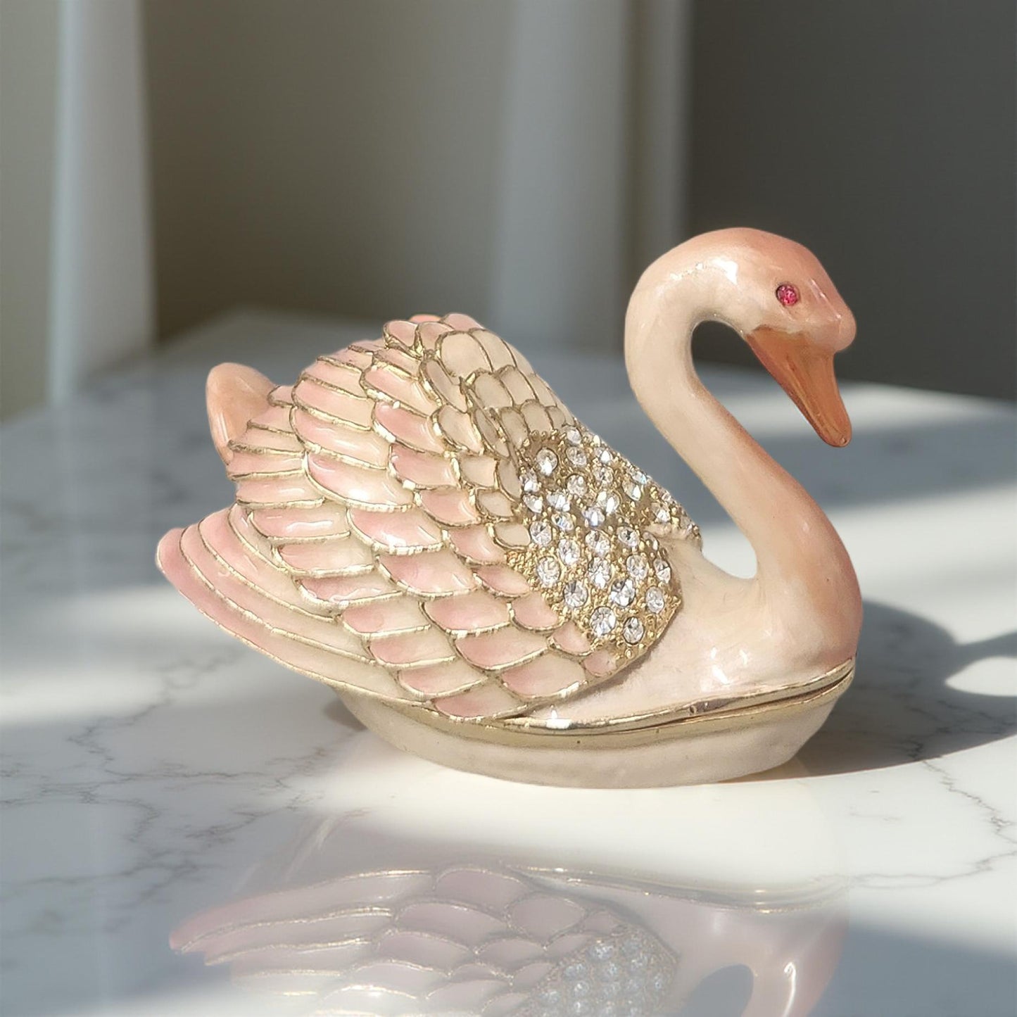 Pink Swan Trinket Box with Rhinestone Embellishments