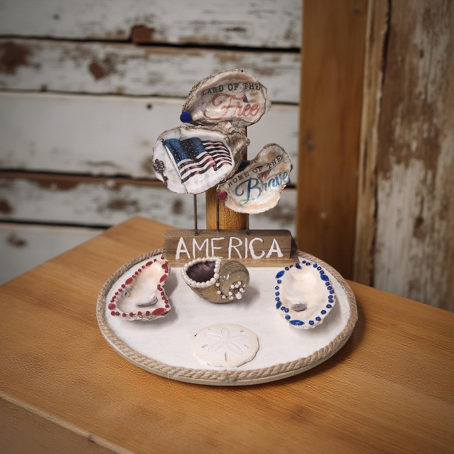 Patriotic Oyster Shell Hand-Crafted Display - Stars and Shells