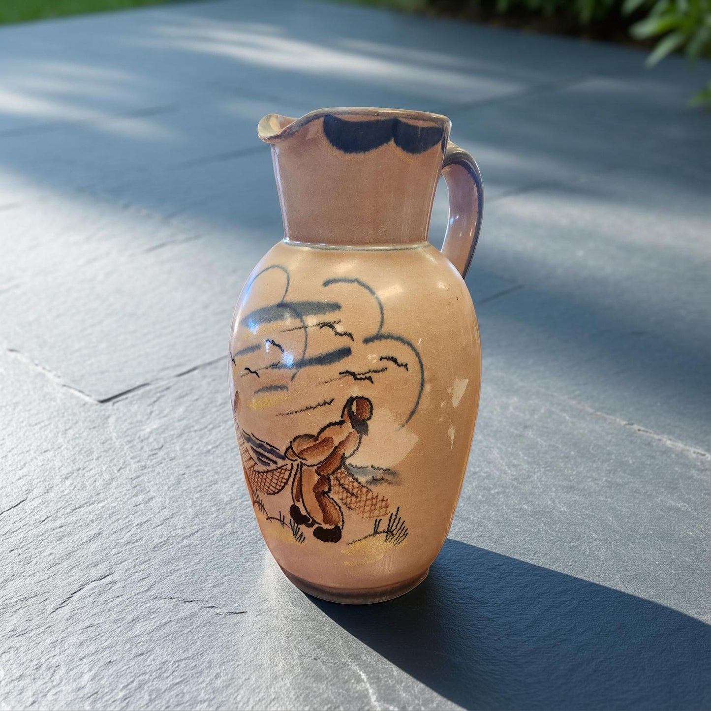 Vintage Norwegian Stoneware Jug – Hand‑Painted Fisherman &amp; Nets
