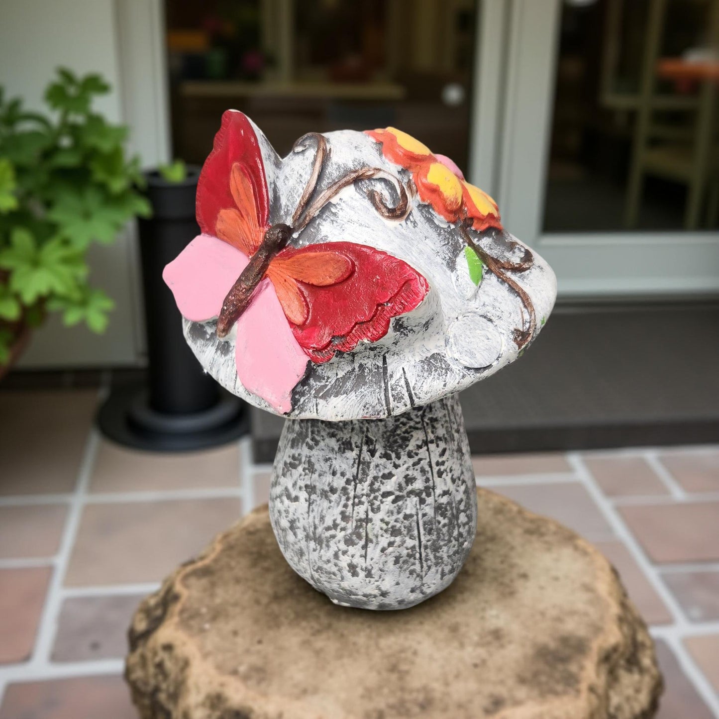 7″ Mushroom Garden Statue with Butterfly & Yellow Flower