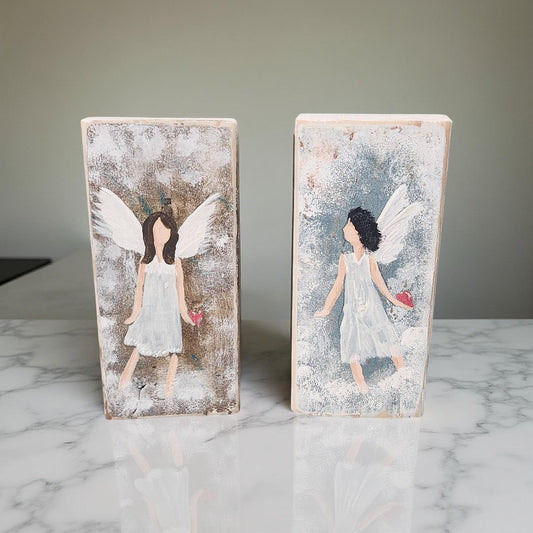 Hand Painted Angels on Wooden Plank - Rustic Home Decor