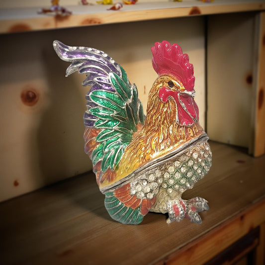 Enamel Rooster Trinket Box with Rhinestone Crystal Embellishments
